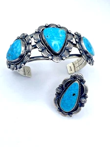 Kingman Wassernetz Türkis Armband Ring Set Sterling Gr. 8,5 Navajo signiert - Bild 1 von 22