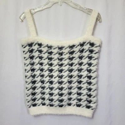 Camiseta sin mangas Willow & Wind Fuzzy Angora suéter cami talla S negro blanco pata de gallo  Foto 1 de 4