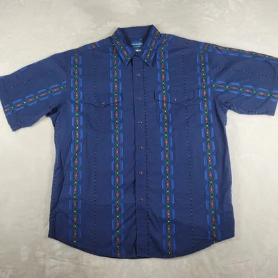 Vintage Wrangler Western Shirt Men's XL Blue Pearl Snap Aztec Short Sleeve - Image 1 of 4