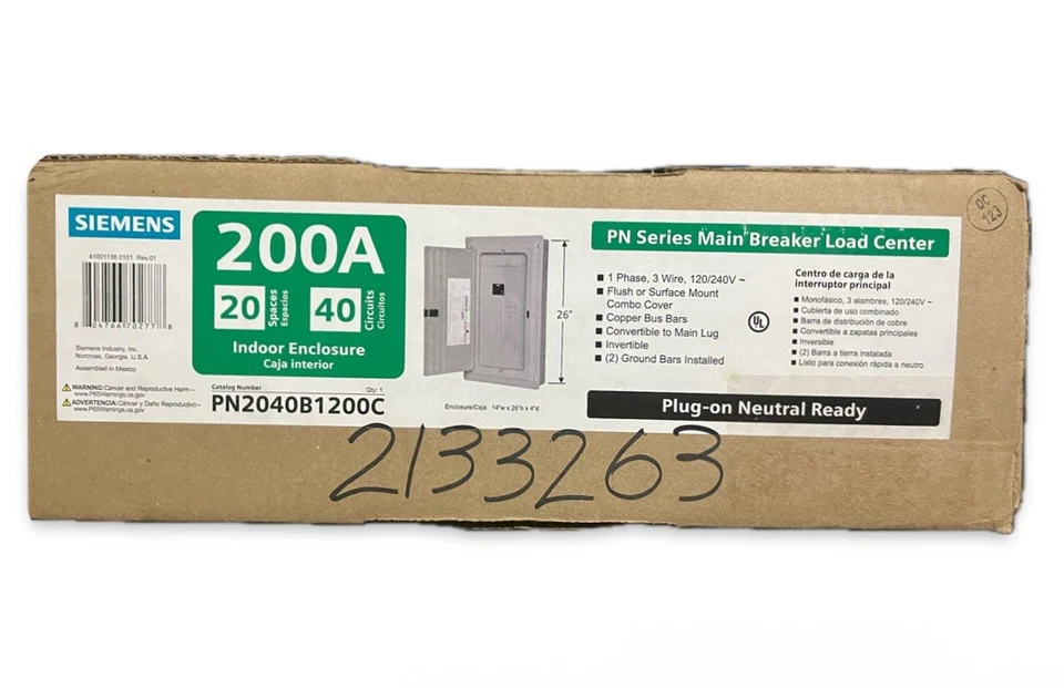 PN Series 200 Amp 20 Espacios 40 Circuitos Interruptor Principal Enchufable Centro de Carga Neutro Foto 1 de 1