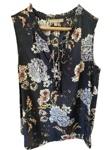 Navy Blue Floral Sleeveless Blouse With Tie Front Detail Size Small  - Picture 1 of 4