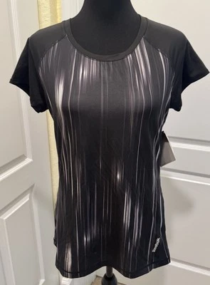 全新 带标签 Reebok 女式黑色银色 T 恤 尺寸 M Active 速干  — 第 1/4 张图片