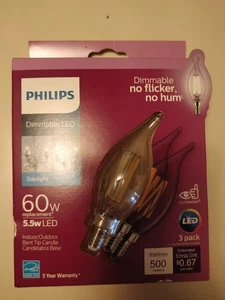 Philips 3PK 60W Replacement 5.5W LED Daylight Chandler Dimmable E12 Bent Tip - Picture 1 of 2