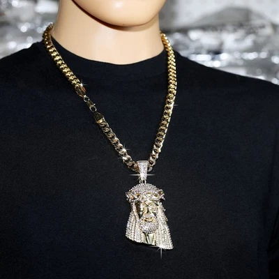 Colgante grande lágrima cara de Jesús circonita cúbica totalmente helada cadena de 10 mm chapada en oro Foto 1 de 4