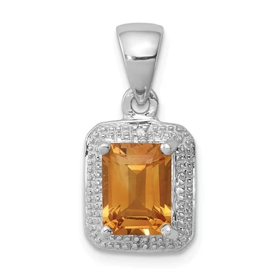 Sterling Silver Rhodium Plated Yellow Citrine & Daimond Halo Rectangle Pendant - Image 1 of 2
