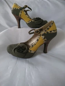 RUBY SHOO GREY/GREEN&OCHRE SUEDE FLORAL TRIM RETRO STYLE HIGH HEEL SHOES UK 4 - Picture 1 of 7