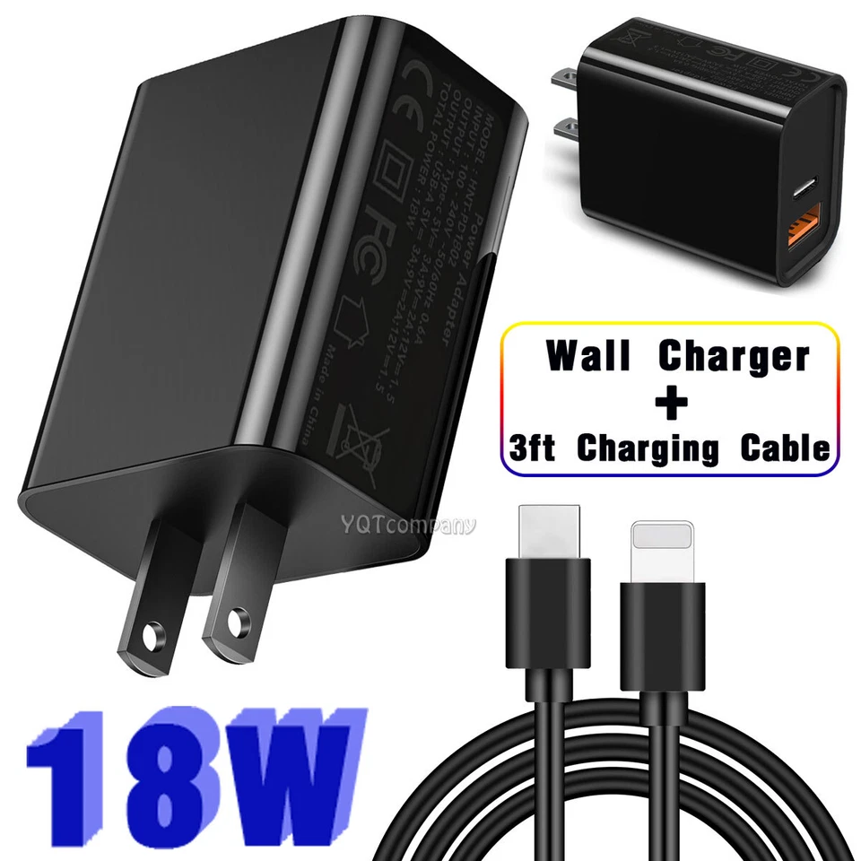 18W USB-C USB-A Port Wall Charger+Cable For iPhone 13 Pro Max Mini 12 iPad Air 3 - Image 1 of 4