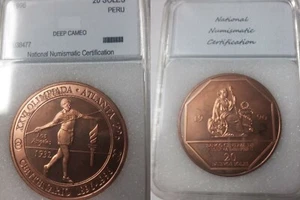 Rare 1996 Peru Large Copper pattern 20 S Olympic Javelin T1, slabbed - Picture 1 of 1