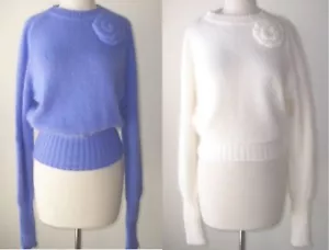VIKTOR & ROLF Periwinkle or Ivory Fluffy Angora Wool Rosette Sweater M - Bild 1 von 7