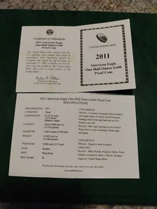 2011 $25 PROOF GOLD EAGLE HALF OUNCE ** COA ONLY ** NO BOX NO COIN - Picture 1 of 1