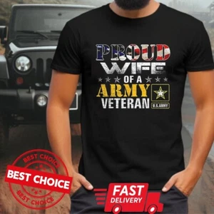 Proud Wife Of A Army Veteran American Flag Military Gift Unisex Black T Shirt - Picture 1 of 3