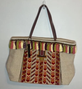 NWT Beautiful Steve Madden large Tote Purse Beige Multi Tassels Bead Retail $120 - Picture 1 of 12
