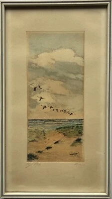 Radierung Fliegende Schwäne über dem Meer Strand Düne Ostsee Nordsee signiert - Bild 1 von 4