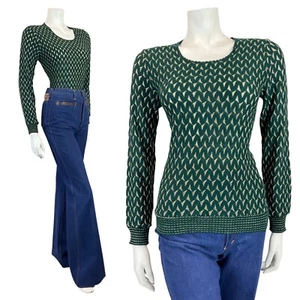 VINTAGE 60s 70s EMERALD GREEN GOLD TRIANGLE KNITTED JUMPER TOP 8 10 - Picture 1 of 7