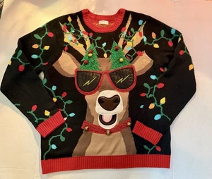 Ugly Christmas Sweater L 42 Rentier Sonnenbrille schwarz kuschelig Party cool Rudolph - Bild 1 von 8