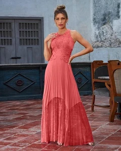 BOSTON PROPER Maxi Formal Dress Beautiful Coral, sheer bodice + skirt Sz 12 - Picture 1 of 7