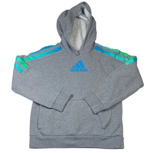Adidas Pullover Girls Medium 10-12 Years Gray Striped Hooded Sweatshirt Big Logo - Picture 1 of 3