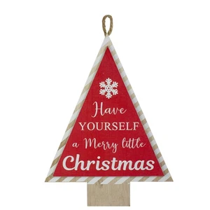 Northlight 16" Red White Merry Little Christmas Tree Wooden Hanging Wall Sign - Picture 1 of 4