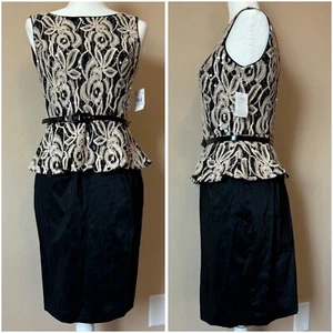 NWT Muse Sheath Dress Womens 6 Black Beige Embroidered Floral Sequin Back Zipper - Picture 1 of 12