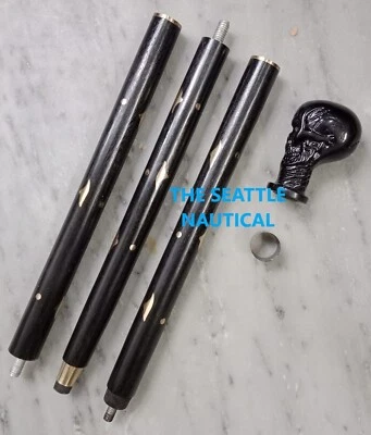 Vintage Edwardian Black Antique Skull Head Handle Wooden Walking Stick Cane Gift Foto 1 de 4