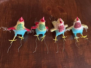 Lot Of 4 Vintage Feather Cotton Spun Blue Glitter Bird Ornaments Holiday Decor - Picture 1 of 19