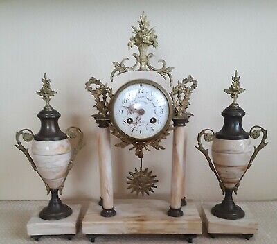 Antique French 3 Pc Marble Portico Striking Urn Clock Set • 630£
