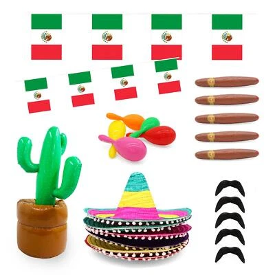ILOVEFANCYDRESS 26 PC MEXICAN PARTY PACK SOMBRERO HATS BUNTING MARACAS CACTUS FANCY DRESS