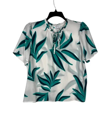Blusa Nine West Mujer XL Verde Floral Manga Corta Cordón Cuello Informal Top Foto 1 de 4