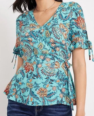 Maurices Size 2X Floral Wrap Tie Peplum Top V-neck Blouse Teal Paisley Cottage - Image 1 of 4