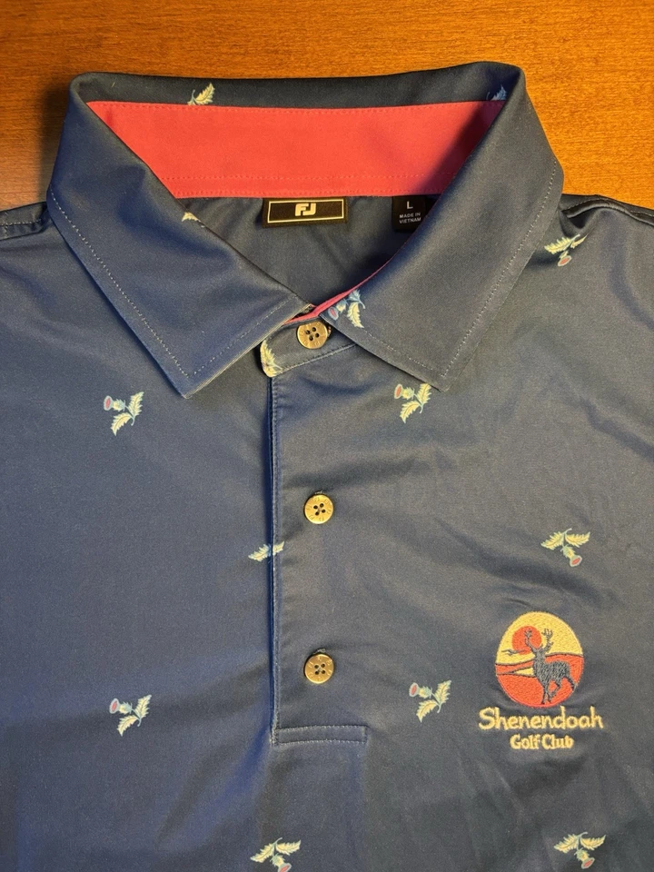 FJ FootJoy 男式大号高尔夫衬衫 Shenendoah 高尔夫俱乐部刺绣标志蓝色 — 第 1/4 张图片