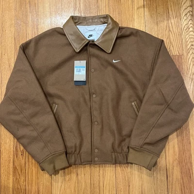Мужская средний Nike Air Varsity куртка шерсти кожи желтовато-коричневый коричневый мужской $250 FZ1168 281 - Изображение 1 из 2