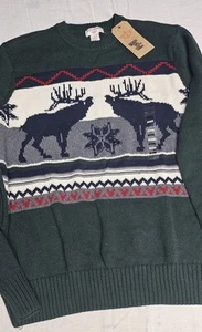 Men's Dockers Holiday Elk Deer Green Long Sleeve Crewneck Sweaater sz Medium - Picture 1 of 9