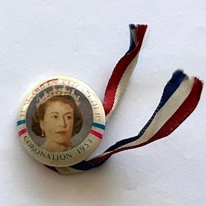 Vintage Original Queen Elizabeth II Coronation 1953 Pin Badge & Ribbon Royal UK - Picture 1 of 6