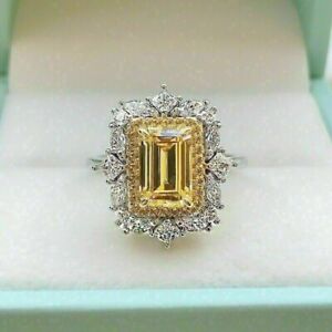 Emerald Cut Citrine & Lab Created Diamond Wedding 14Ct White Gold Filled Ring