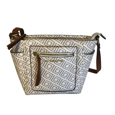 Liz Claiborne Lola Crossbody Bag White Gray Geometric Print Brown Accents Purse - Image 1 of 4