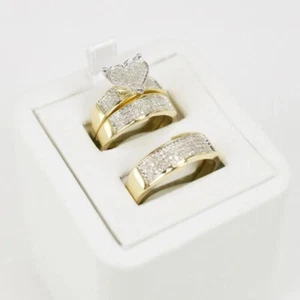 2.00 Ct Natural Moissanite His Her Wedding Ring Trio Set 14K Yellow Gold Plated - Picture 1 of 8
