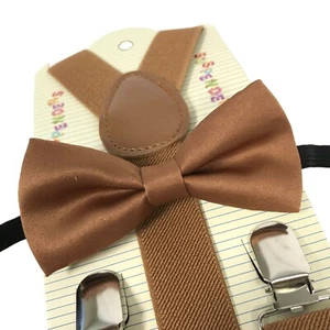 "LIGHT BROWN" Matching Suspender & Bow-Tie Set Kids Toddler Baby Boys Girls - Picture 1 of 2