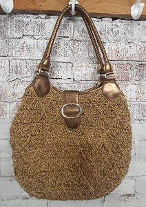 Brighton Raven Straw Hobo Bag Women Purse Casual Bronze Gold Braided Leather - Picture 1 of 18
