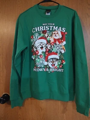 Fifth Sun Men's Green Cats Kittens Meowy and Bright Christmas Sweatshirt - Large - Image 1 of 4
