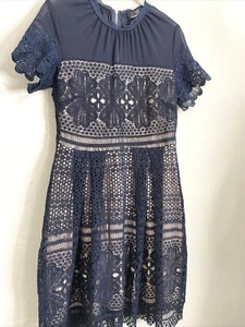 Suzanne Betro Navy Lace Dress Nude Underneath Sheer top Fit Flare Size S - Picture 1 of 10