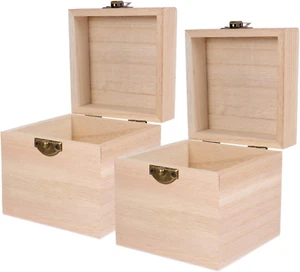2Pcs Wooden Box Keepsake Box: Square Decorative Box Unfinished Memory Box with L - Picture 1 of 9
