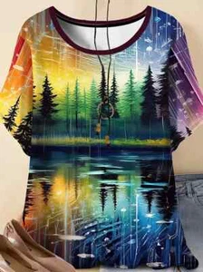 PLUS SIZE 20 24 26 MULTICOLOUR TREE VIEW T SHIRT TOP BLOUSE STRETCH CURVE - Picture 1 of 5