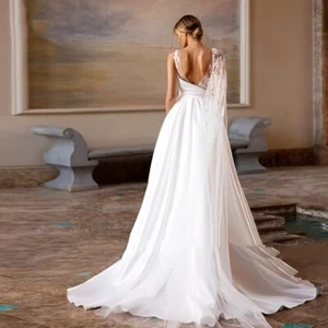 GREOENEL Amor A-Line Satin Wedding Dresses O-Neck Sleeveless Beach Wedding - Picture 1 of 4