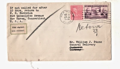 NEW HAVEN CONN. TO GERMANY, OCTOBER 1939, RETURNED, WAS DURING WWII, 2c PREXIE - Image 1 of 2