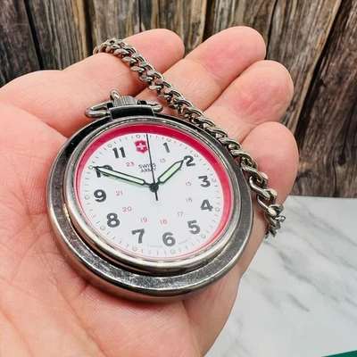Swiss Army Silver Military Time 48mm Pocket Watch w/ Chain, New Battery, Video👀 - Image 1 of 4