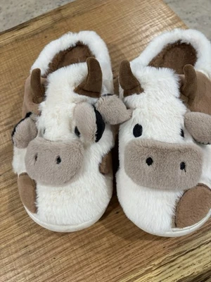 ¡Zapatillas de vaca!  Unisex Marrón Vaca Cálido Felpa Interior Zapatillas Lindas! Foto 1 de 4
