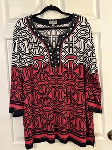 JM Collection 3X Multicolor Beaded Neck 3/4 Sleeves Stretch Tunic Top Easy Care - Picture 1 of 7