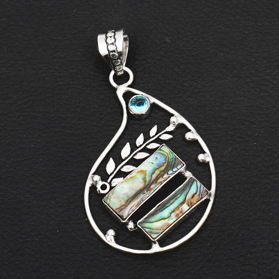 Abalone Shell Blue Topaz Gemstone Handmade Leaf Pendant Jewelry 2.52" AP-41729 - Image 1 of 1