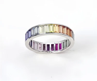 Top Lab-Created Colored Sapphire Ring, 925 Sterling Silver Rainbow Simple Ring - Image 1 of 4