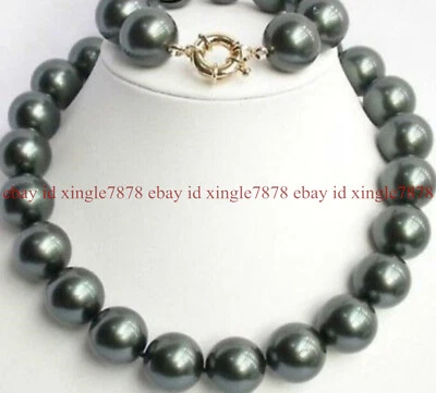 Juego de pulsera collar cuentas redondas perlas concha negra de 14 mm de 20" Foto 1 de 4